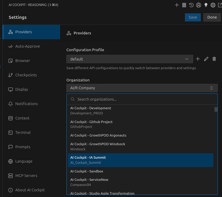 Provider selection dropdown