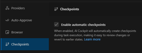 Checkpoint settings in AI Cockpit Reasoning configuration