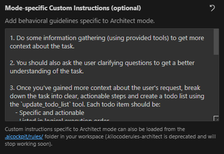 AI Cockpit Reasoning Modes tab showing mode-specific custom instructions interface