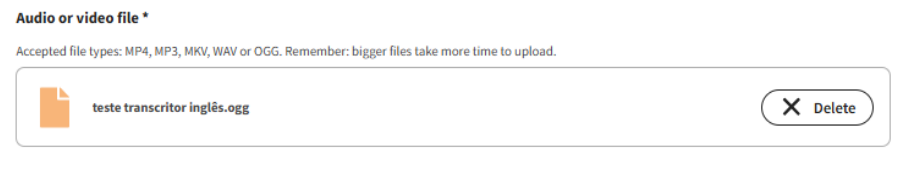 Display of the selected file for audio and video transcription