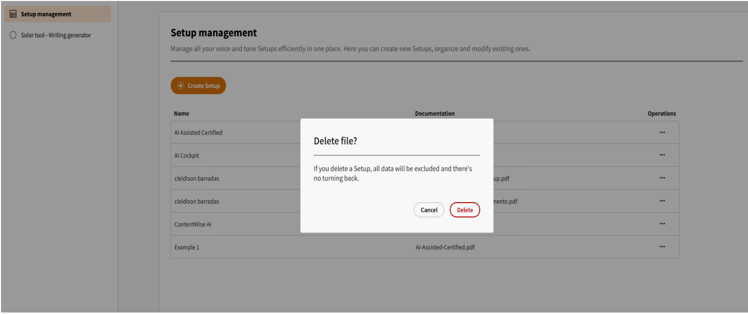 Modal to Delete Setup on the Setup Management Screen