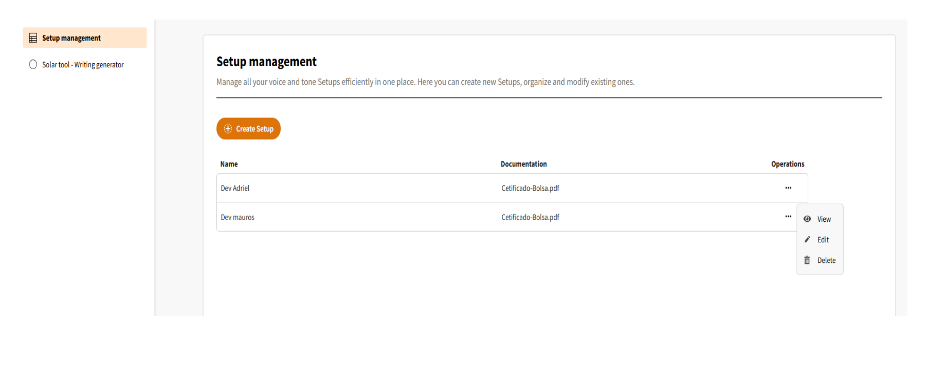 Listing of Setups - Setup Management Screen