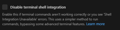Disable terminal shell integration checkbox checkbox