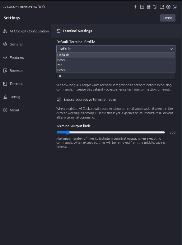 AI Cockpit terminal settings