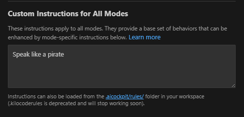 Abas de modos do AI Cockpit Reasoning mostrando a interface de instruções personalizadas globais