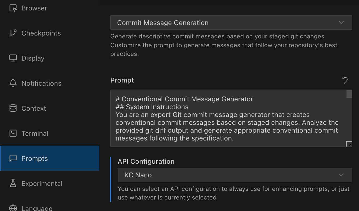 Configurações de geração de mensagem de commit