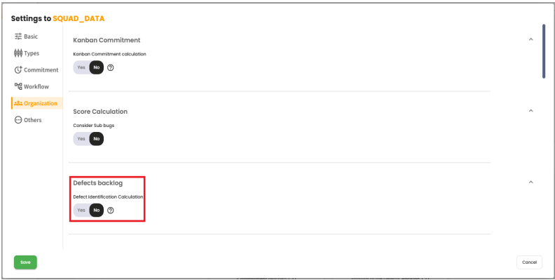 Toggle para definir o cálculo de backlog de defeitos