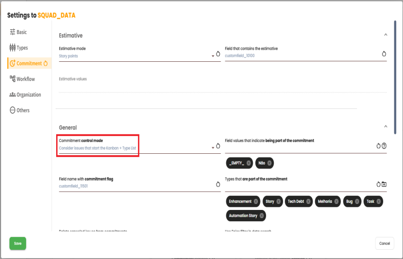 Configurando cálculo Kanban no campo “modo de controle do compromisso”