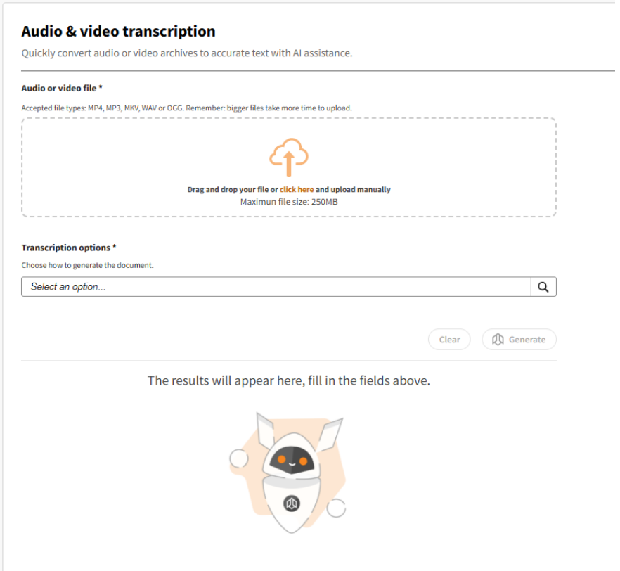 Tela de Transcrição de Áudio e Vídeo